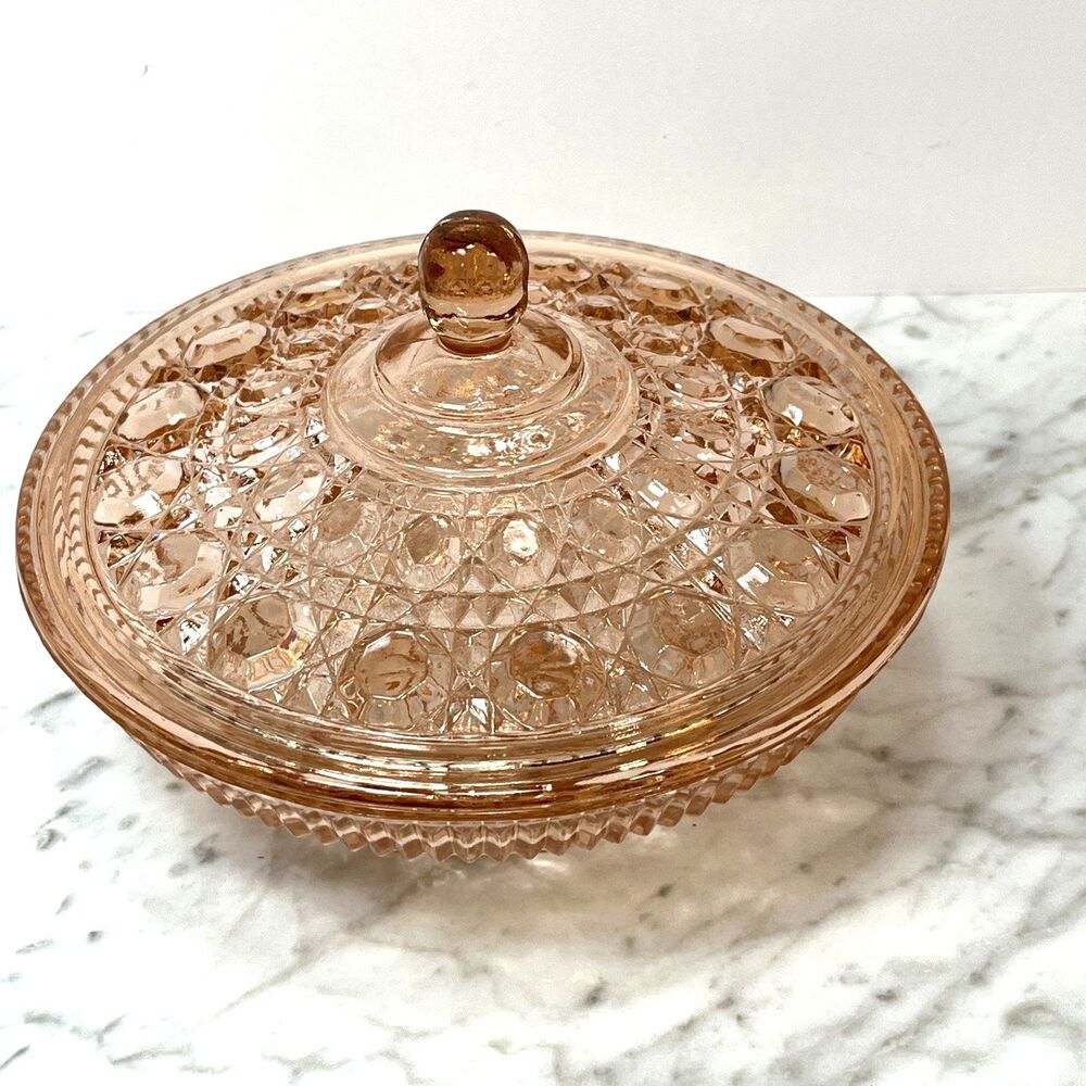 Indiana Glass Windsor Pink Peach Ballad Cane & Button Design Candy Dish & Lid - Picture 4 of 15